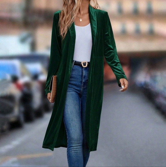 Collar Open Front Velvet Coat - Picture 3 of 5